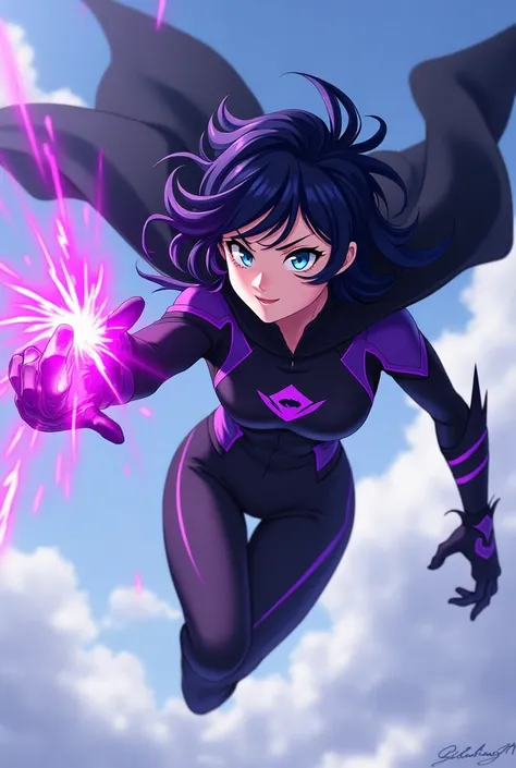 As a girl with diamond blue eyes, that has black hair with purple tips or streaks, that her hair is very long and that she is white, that looks like an anime character "my hero academia", that he is flying and that he has his power activated in his hand an...