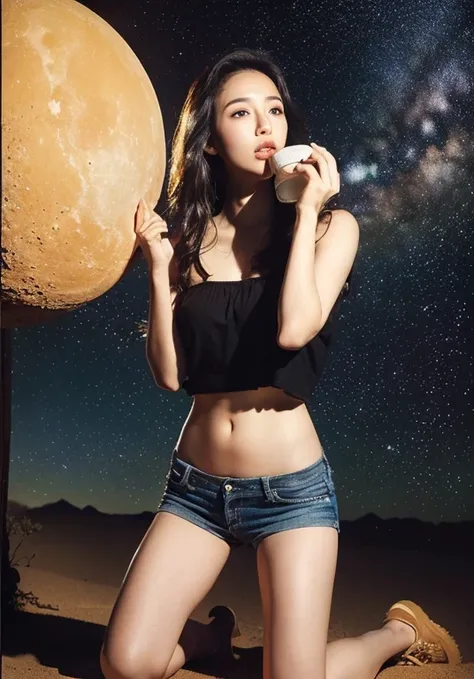 (((desert))), (((背景のdesertがマッドマックスの世界観))) , (((night))), (((Starry sky and moon))),A boldly composed photograph of a Japanese woman, as if taken by a famous artistic photographer, (((Blockbuster art photography)), (8k, Best Quality). A stunning composition...