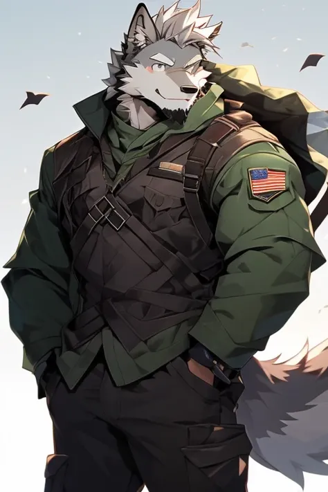 A Upper Body And Right Side Body Picture of A Very Muscular Furry style Gray Wolf. he is wearing Full long Dark Green Soldier Millitary Outfit. He is looking at the viewer. The background is just colour white. His hair is spikey and very messy. He have A g...