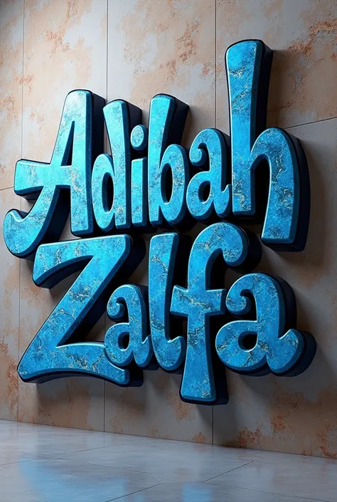 3D graffiti letters on the wall with a granite motif with a shiny blue color, the name (Adibah Zalfa).