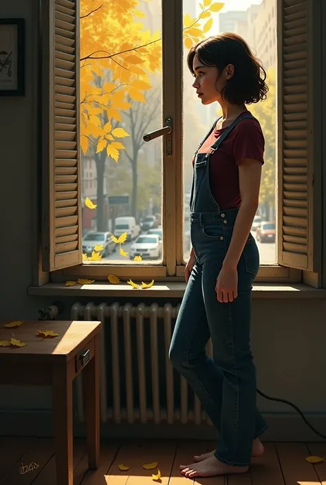 There is a room in an old industrial-style apartment. To the left of the table there is a window half-closed by old 50s-style shutters, through which the light from the street enters. From the window you can see autumn trees and some yellow leaves are on t...