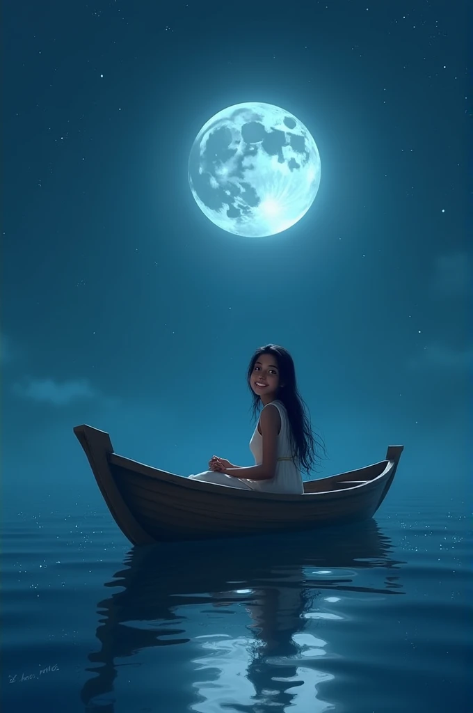 Beautiful Indian girl with cute smile sitting in a boat under the full blue moon, dark blue sky. Coolent weather. Moon reflection waving in water