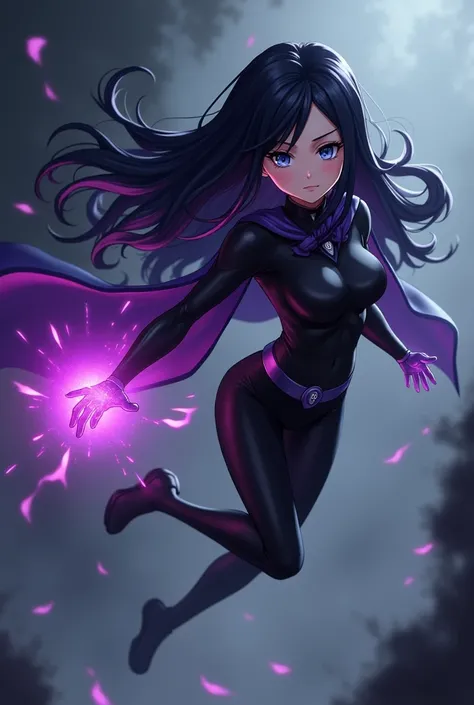 As a girl with diamond blue eyes, that has black hair with purple tips or streaks, that her hair is very long and that she is white, that looks like an anime character "my hero academia", that he is flying and that he has his power activated in his hand an...