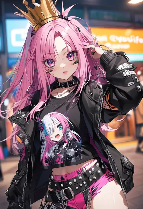 araffe girl Pink Hair and a crown on her head, Wearing punk clothesいる, Wearing crust punk clothing, Anime Girl Cosplay, Cybergoth, Wearing punk clothes, Kerli Coif as an anime girl, 1  anime goth girl, Belle Delphine, Anime Cosplay, Pink Hair, Real life an...