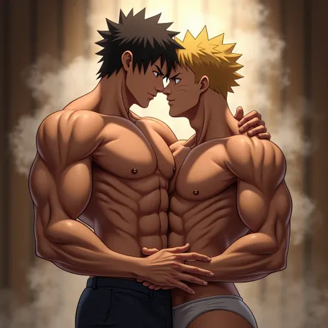 Muscular Naruto Uzumaki goes gay 1 gay, a gay is grabbing gays breasts from behindアニメ風, Background blur,sauna,sweat,Keeping one&#39;s body close,White Thong,