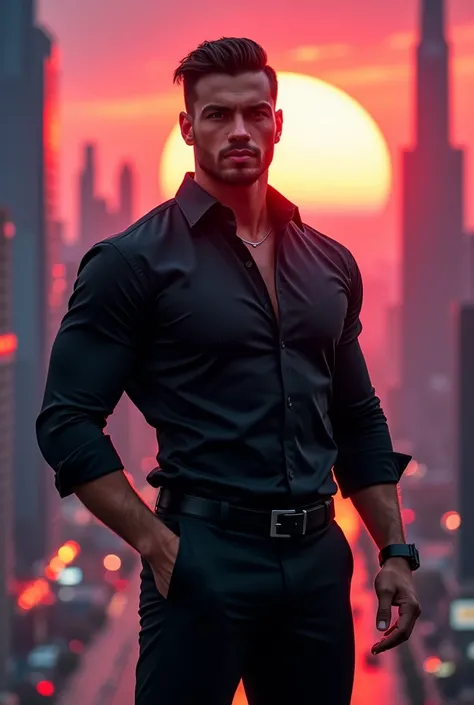 Black shirt, black pant, high-quality, ((masterpiece)) , background = cyber city, handsome, sunset, good physic 