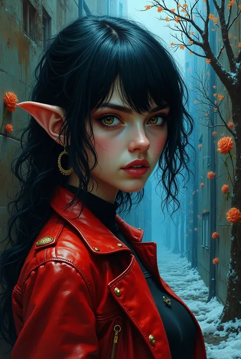 harlequina black-haired girl,Close up shot, wearing a monkey red jacket, Sharp face, dirty street alley in the background, bright shine intricate details,dynamic pose, complex background, fantasy crazy landscape, blue fantasy, living tree with ice leaves, ...