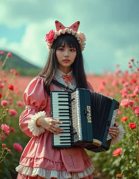 documentary photo, realistic, dramatic scene, very beautiful Japanese high school girl, famous beautiful Japanese idol, cute woman, (gothic lolita:1.2), (wearing a cute colored gothic lolita outfits with frills:1.2), (very large breasts), slim waist, (very...