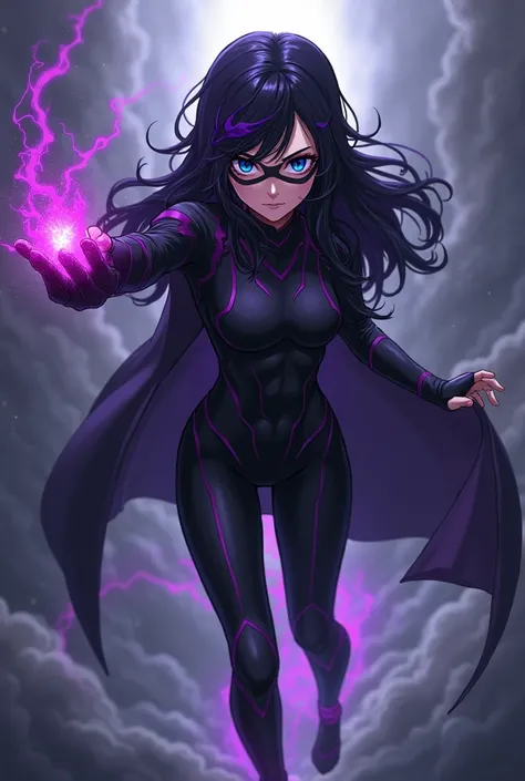 As a girl with diamond blue eyes, that has black hair with purple tips or streaks, that her hair is very long and that she is white, that looks like an anime character "my hero academia", that he is flying and that he has his power activated in his hand an...