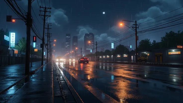 in a city road at night with clouds, raining, on the sky you can see planets in various colors; no people; In the style of Makoto Shinkai, master piece, ultra detail, precision, ultra-realistic, unreal engine render, anime art
