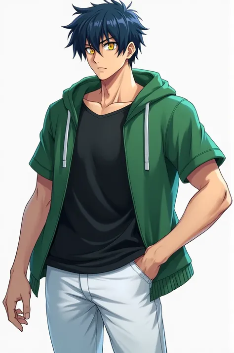 anime guy, with dark blue hair, with a green hoodie, black t-shirt and white pants, He has yellow eyes and a muscular build.