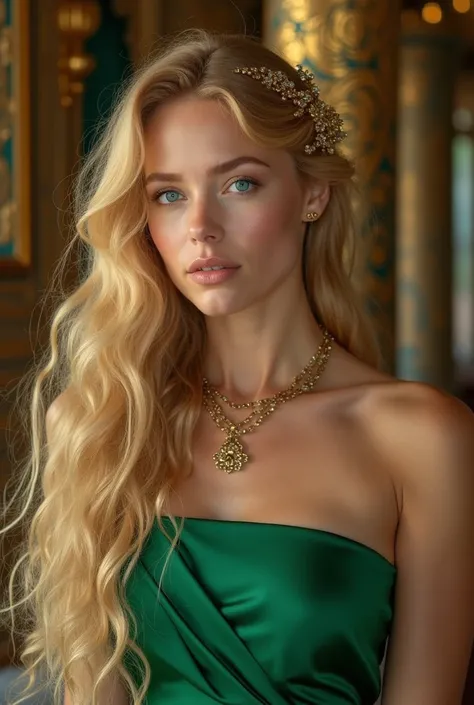 Hair that shines like molten gold。Clear blue crystal eyes。A beautiful lady with a goddess-like beauty, filled with compassion。Royal Banquet。Bright green dress。