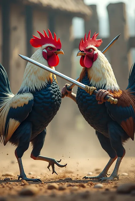 2 cocks fighting with sword
1 cock is blue grey color
Make it realistic photo