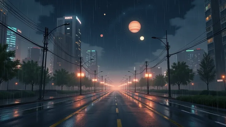 in a city road at night with clouds, raining, on the sky you can see planets in various colors; no people; In the style of Makoto Shinkai, master piece, ultra detail, precision, ultra-realistic, unreal engine render, anime art
