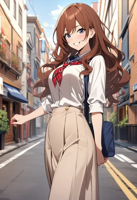 1woman milf, brown hair, wavy hair, long hair, (navy blue school uniform), smile, (street), red plaid mini skirt