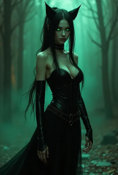 Fantasy Black gothic neko sorceress, pale skin, with black ponytail, glowing green eyes and bdsm outfit, no jewelry, no collar