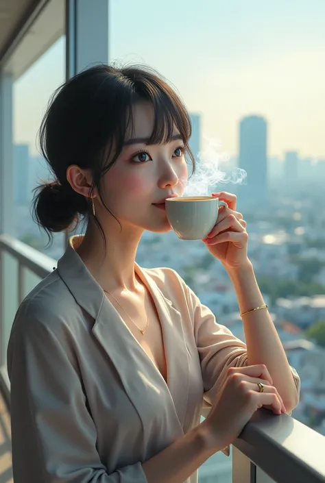 A Japanese woman standing on the balcony of an apartment building、Beautiful and big eyes、smile、Drinking coffee