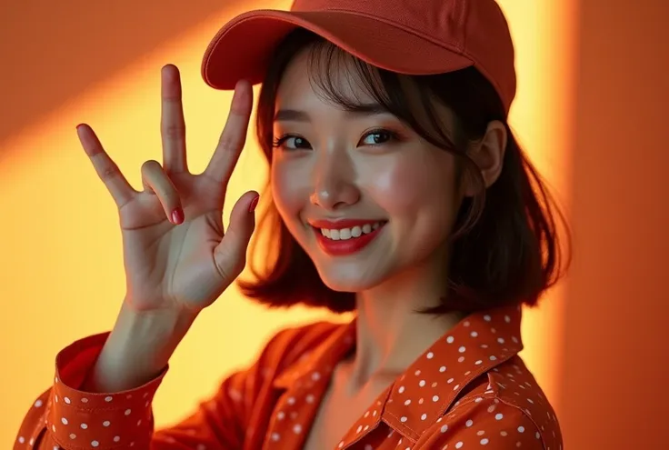 high-quality 8K image of a beautiful Korean woman with a sharp focus and detailed features. She has brown styled in a bob, with slightly thick lips, wearing light lipstick and smiling cuty. She is standing alone, She wears a deep orange unique Dots pattern...