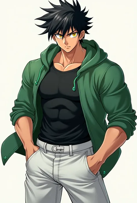 anime guy, with black hair, with a green hoodie, black t-shirt and white pants, He has yellow eyes and a muscular build.