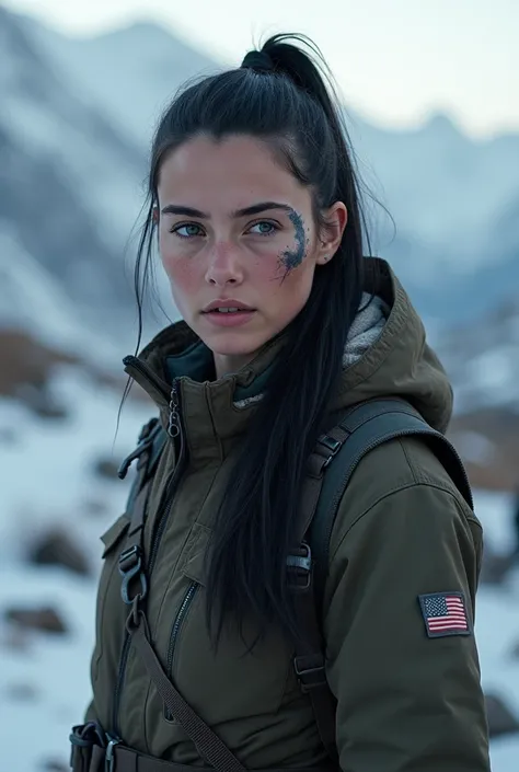 White girl, american aspect, tied black long hair, scar in the left side of the face, determined eyes. Ligth muscles and a adventure winter clothing. On a moutain in background 