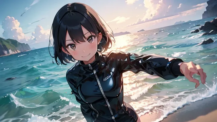 woman with short black hair，wearing a shiny dry suit, smile, diving on the beach, headphone, sea, wave, noon,fiery sun, lots of ...