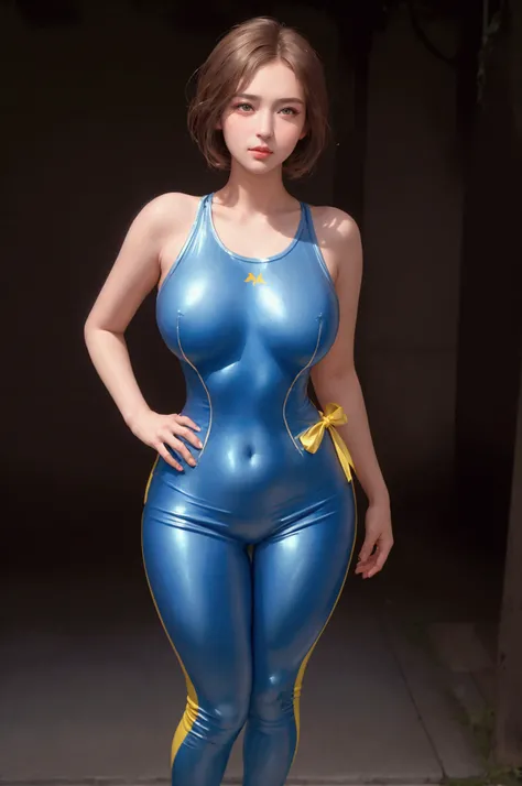 (Masterpiece, Best quality:1.4), (standing:1.5), 1girll, Solo, Shunfa Spring, blue tanktop, unitard, Blue pants, tightsuit, yellow ribbon, Short hair, Sneakers, Bare shoulders, (Young women in Europe:1), view the viewer, belo sorriso, Beautiful face, Highl...