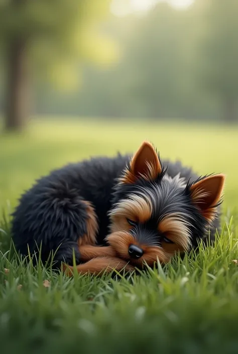 drawing of a black and tan yorkshire sleeping on the grass