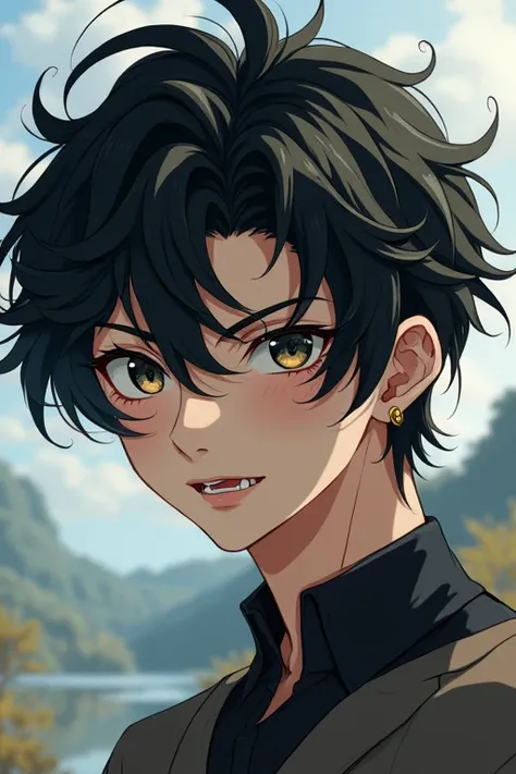 High-resolution model, Black Hair, Ahoge, Hair blowing in the wind, Natural curls, Earrings, Close your mouth, The fangs are sharp, youth,male