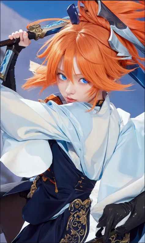 anime girl with orange hair and blue eyes holding a sword