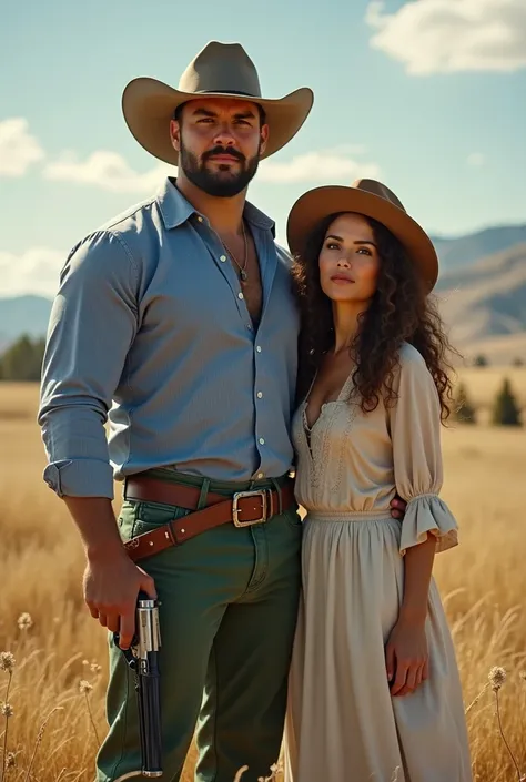 Create a muscular man with a revolver and a blue striped dress shirt and green chinos in the backyard of his home in rural Montana, USA, with his curly-haired wife Put a hat on the man His wife is wearing a dress