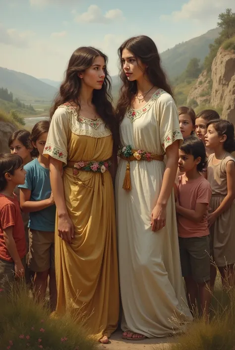 The two daughters of Lot, a character from the Holy Bible, with young children around them.