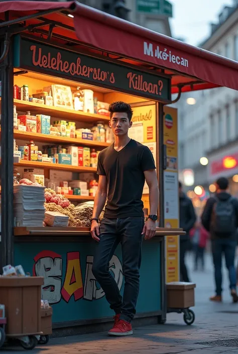 Kiosk in Berlin neukolln With a boy called mohi Short black hair with a muscular body 