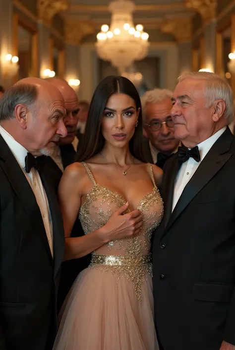 Selfie of a beautiful girl in an elegant dress at an executive VIP party particular with an elegant dress, He is with five ugly old men at his side.., he likes her, they always dress elegant, the background is a room elegant, a very elegant elegant meeting...