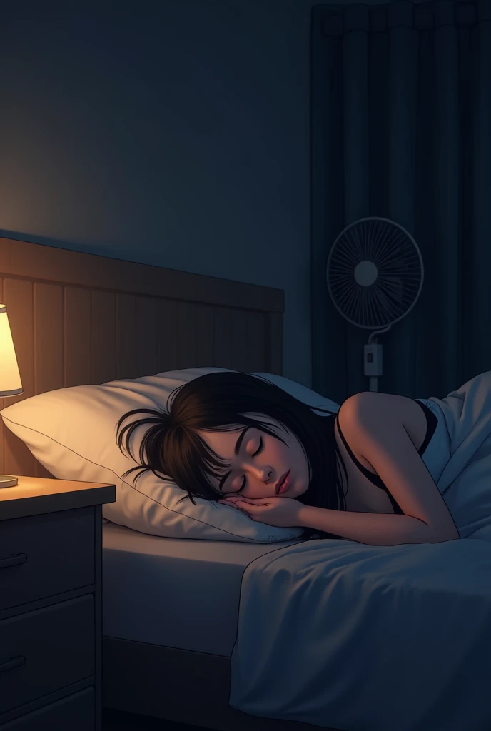 Teenager girl sleeping with electric fan and night lamp
