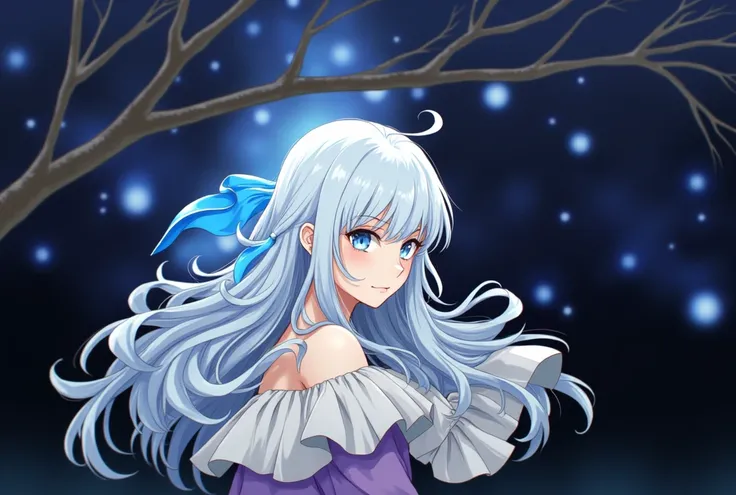 Illustration blue hair wavy hair skirt chest, blue eyes, 