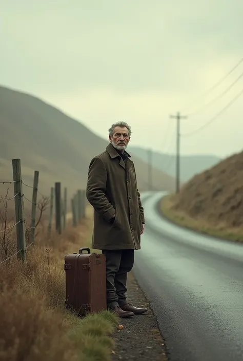 A man with suitcase standing on the roadside with  coat pant 