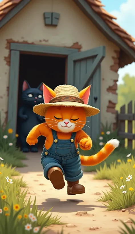 You can see the orange cat in the farming suit running out of the house and leaving the black cat crying behind. In the foreground the cat is running and in the background you can see the house with an open door where the black cat is sitting  