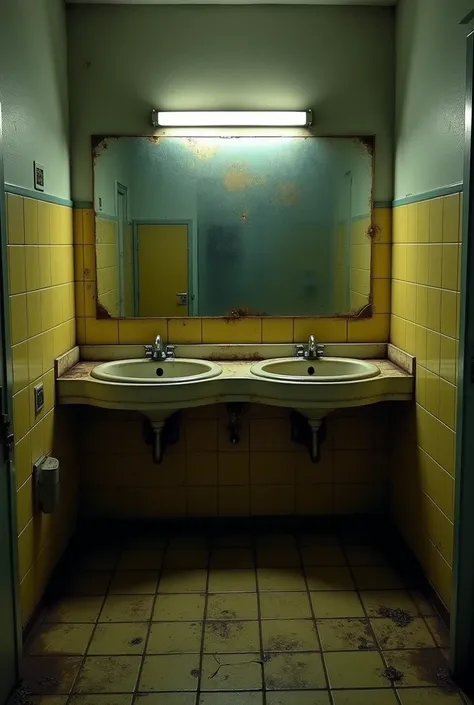 create a public bathroom environment with a mirror and sinks in the back, the environment is a bit dirty