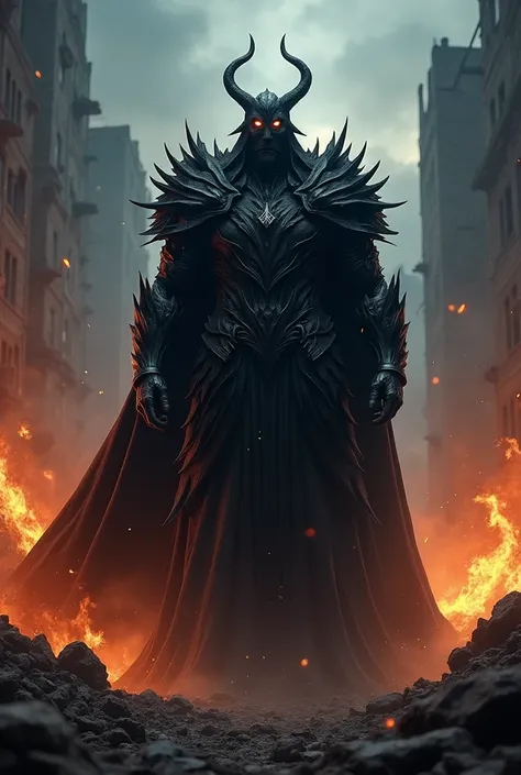 A night-time scene of a powerful dark lord standing in front of a backdrop of ruins engulfed in flames. The dark lord is a towering figure, dressed in black armor that is jagged and fearsome, similar to Saurons. His stance exudes anger and might, with a me...