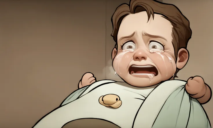 (parody, meme) a little animated baby (cartoonish, big stinky diaper, realistic face of Gavin Newsom, gushing tears), baby has a poopy diaper and is having a screaming fit flailing his little arms and crying for attention
