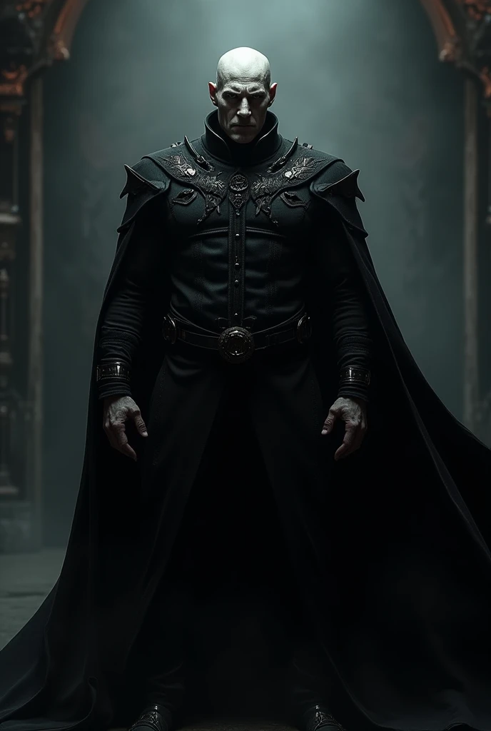 Make a male villain in black clothes. bald white