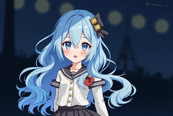 Illustration blue hair wavy hair skirt chest, blue eyes, Sailor Suit