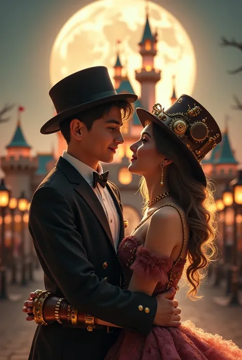 A boy wearing tuxedo and fedora, and girl in Steampunk dress, Steampunk top hat, and steampunk boots, kissing under the moon, at tokyo Disneyland.