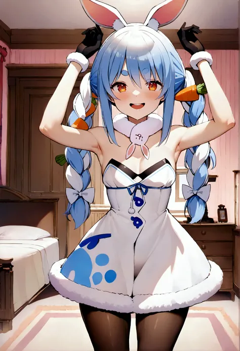 NSFW,masterpiece,Best Quality,High resolution,Very detailed,One girl,,Usada Pekora(Hololive),Orange eyes、Thick eyebrows、Bunny ears、Two-tone hair、Blue Hair、White Hair、Long Hair、Twin Blade、Hair accessories、Fur collar、White Dress、Fur-trimmed dress、Exposed sho...