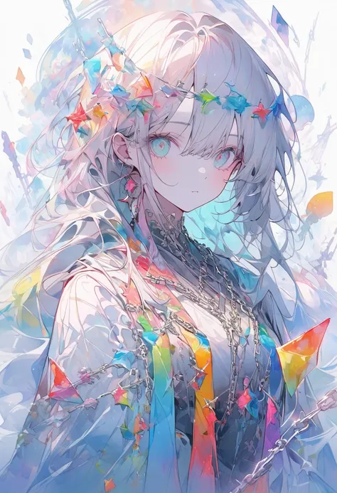 Chain-themed art, Apply paint to the chain and nail it to the canvas, Aesthetic colors created by colorful chain shapes, Meaningless illustrations, Exquisite balance and harmony of colors, Cryptic watercolor style, Transparency like glass, Simply beautiful...