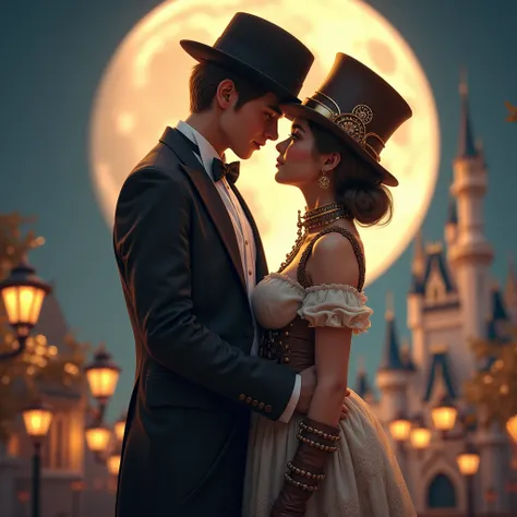 A boy wearing tuxedo and fedora, and girl in Steampunk dress, Steampunk top hat, and steampunk boots, kissing under the moon, at tokyo Disneyland.