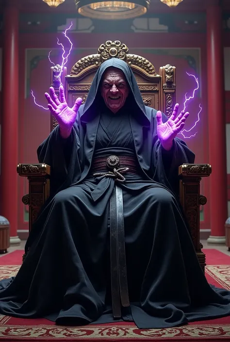 Palpatine, wearing Black Kimono, hiding his agry face with hood, purple lightning from hands,Japanese sword at waist, As Shogun, sitting on a throne, with inappropriate smile, background is in Japanese Castle, 8k, masterpiece, high detailed, HD, dark mood