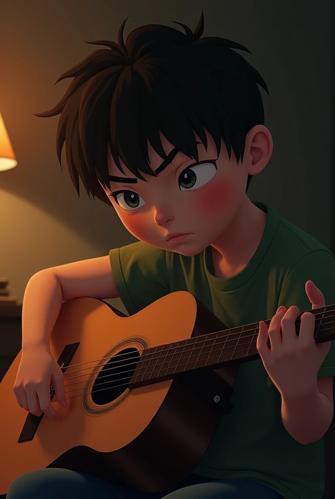 a boy playing a acoustic guitar with feelings