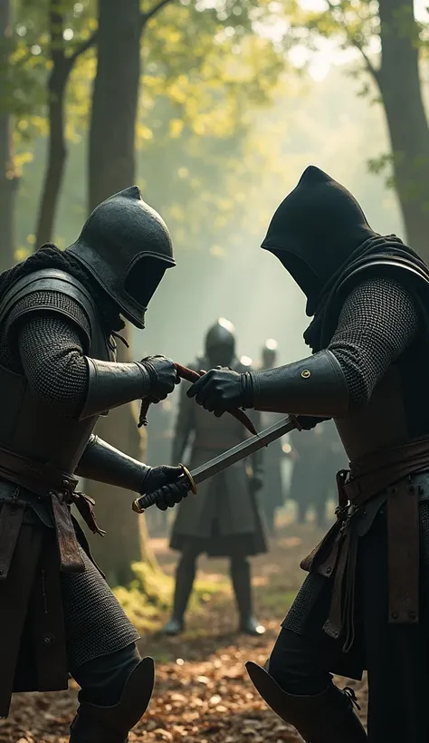 "Two Assassins in combat with Crusaders, one holding a curved dagger and the other with a sword, wearing dark hooded cloaks, 11th-century battle in a forested area, Crusaders in chainmail armor, sunlight filtering through the trees, hyper-realistic, photo ...