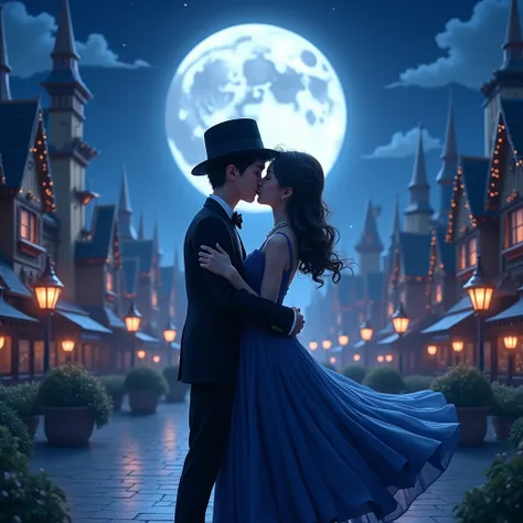 A boy wearing tuxedo and fedora, and girl in black skirt, kissing under the moon, at tokyo Disneyland.